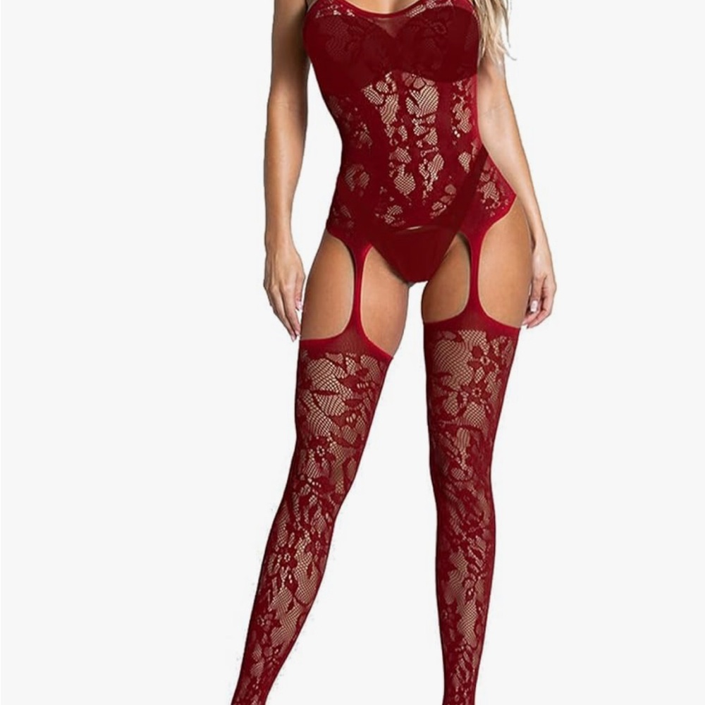 Red Lace Bodysuit with attached Stockings… BABY DOLL